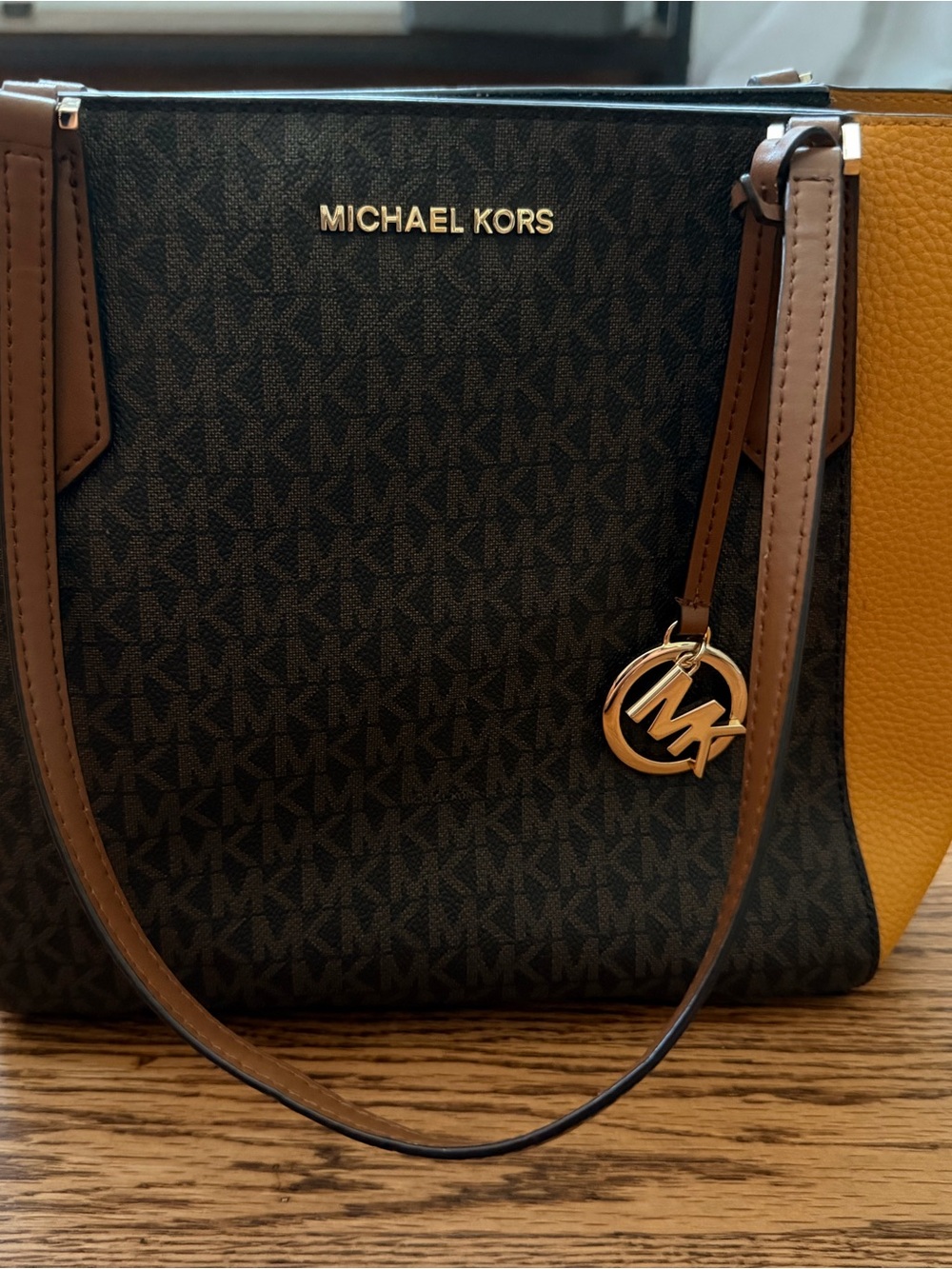 Michael Kors Black Signature Tote with Yellow Side Panels and Brown Straps